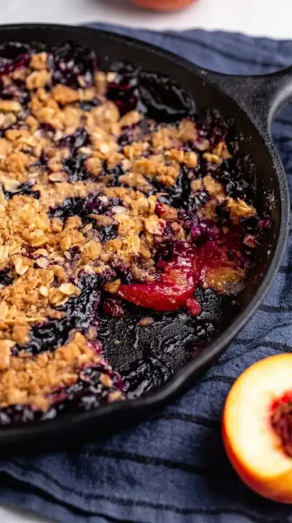 Close up of Blueberry Peach Crumble with crispy oat topping