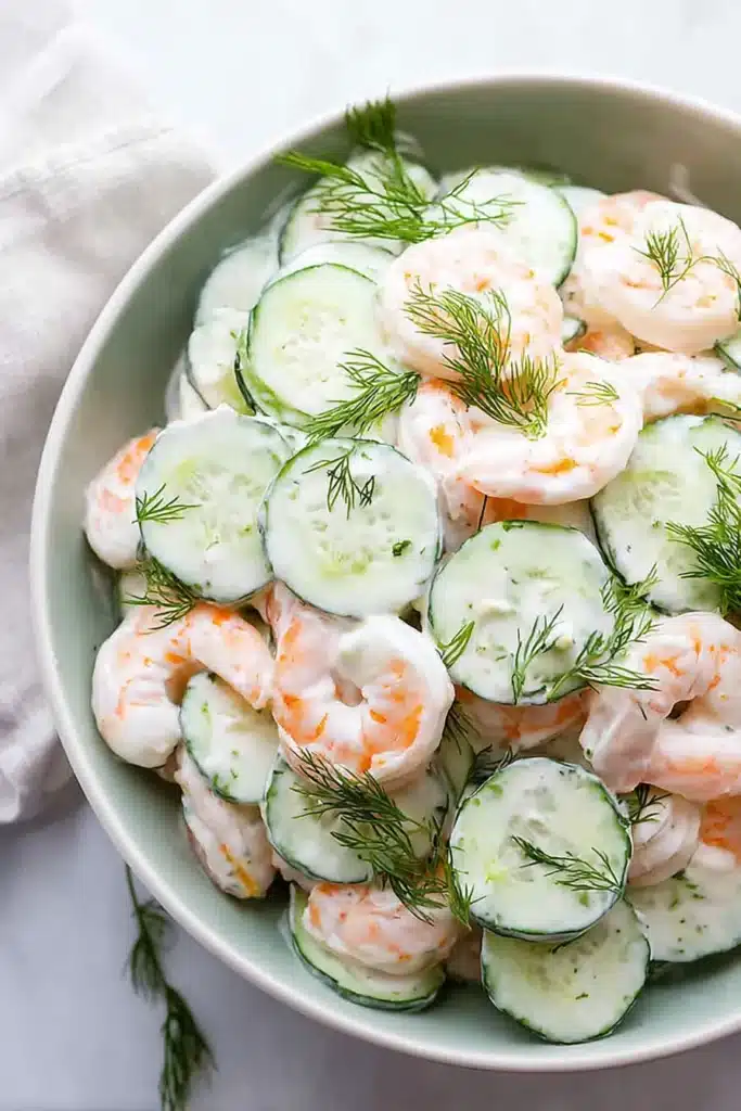 Close up cucumber shrimp salad with creamy dill dressing and fresh cucumbers