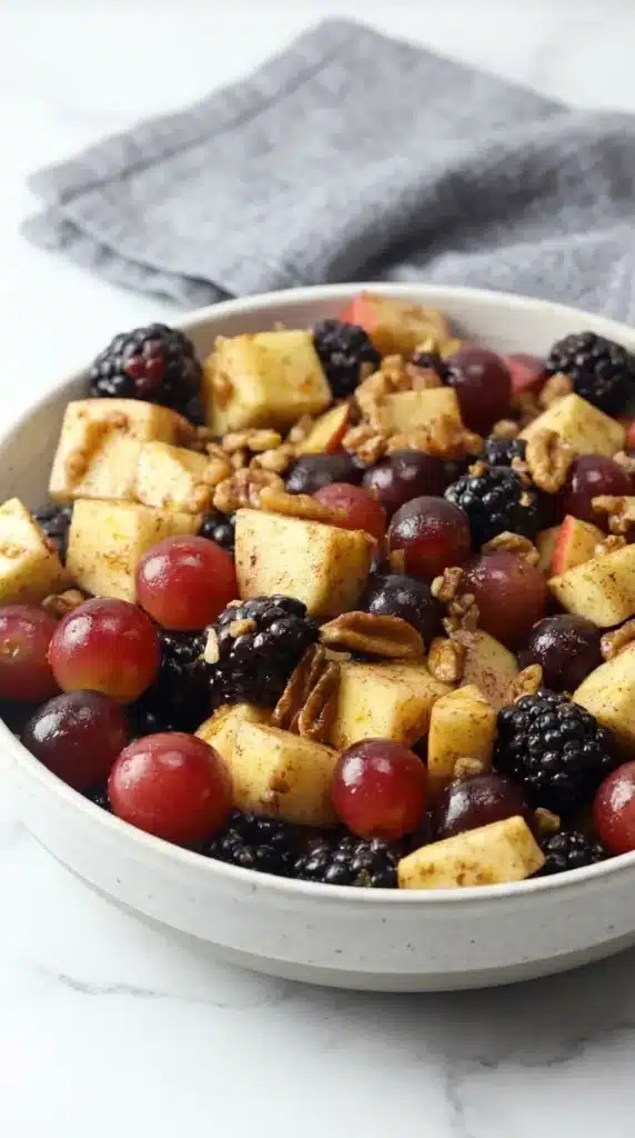 Fall Fruit Salad with apples, grapes, blackberries, and pecans in cinnamon dressing
