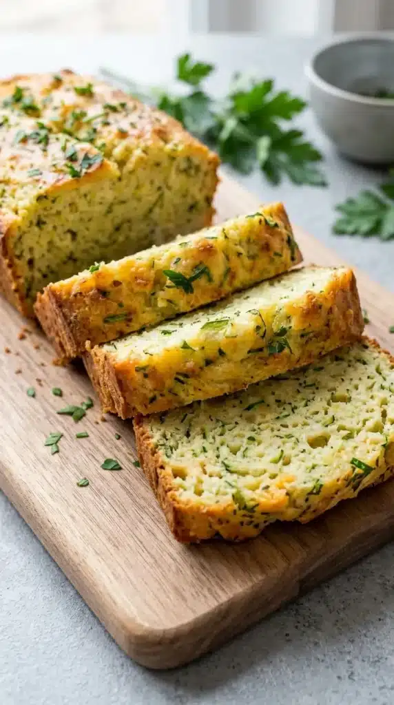 Close up Green Onion Zucchini Cheddar Bread slices with cheesy texture