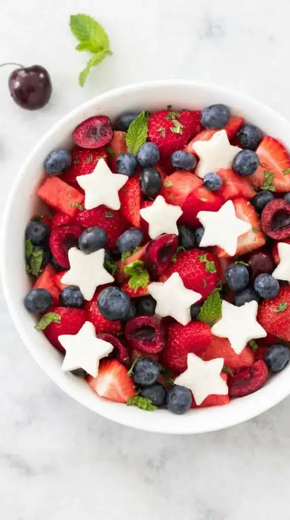 Close up of Red, White and Blue Fruit Salad with berries and white star shaped fruit