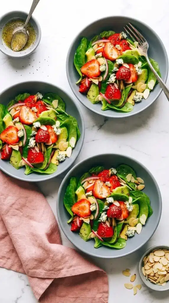 Strawberry Avocado Spinach Salad Amazing Lunch 8 Close up Strawberry Avocado Spinach Salad with strawberries avocado and almonds