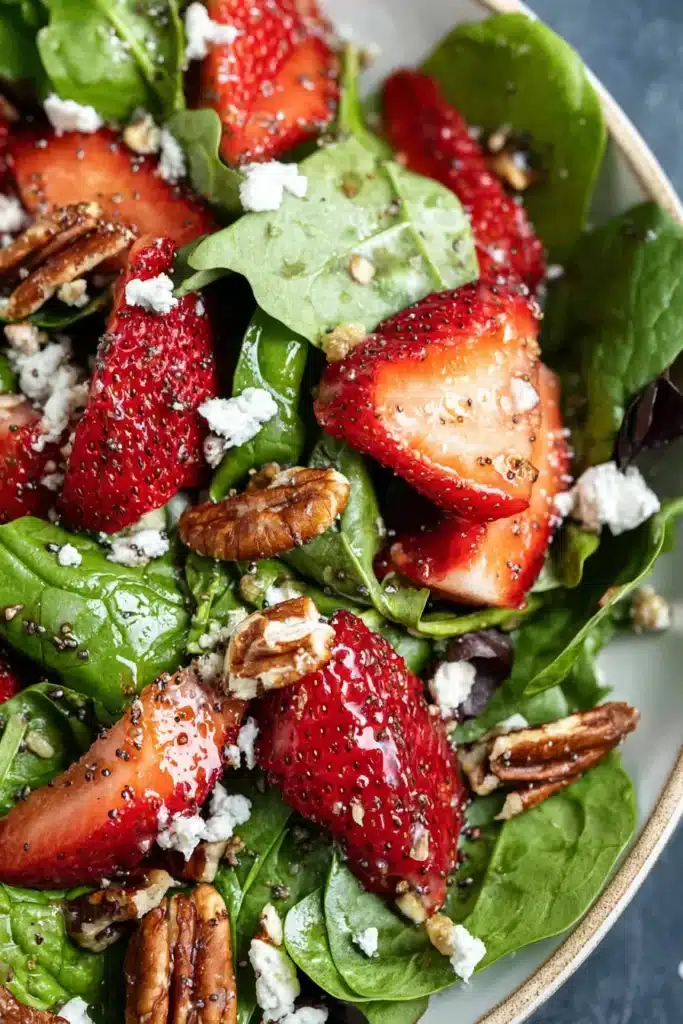 Close up Strawberry Spinach Salad Recipe with feta, pecans, and balsamic dressing