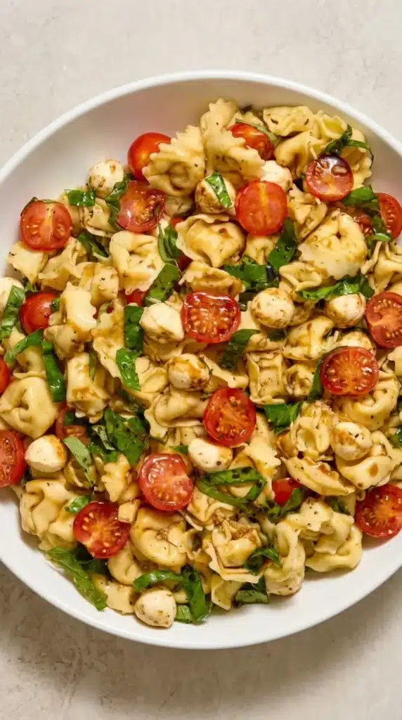 Tortellini Caprese Salad Easy Fresh Lunch Recipe 7 Close up Tortellini Caprese Salad with mozzarella pearls, basil, and cherry tomatoes