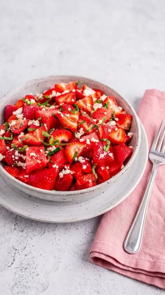 Watermelon Strawberry Salad Easy Amazing Summer Lunch 6 Close up Watermelon Strawberry Salad with feta cheese and fresh mint