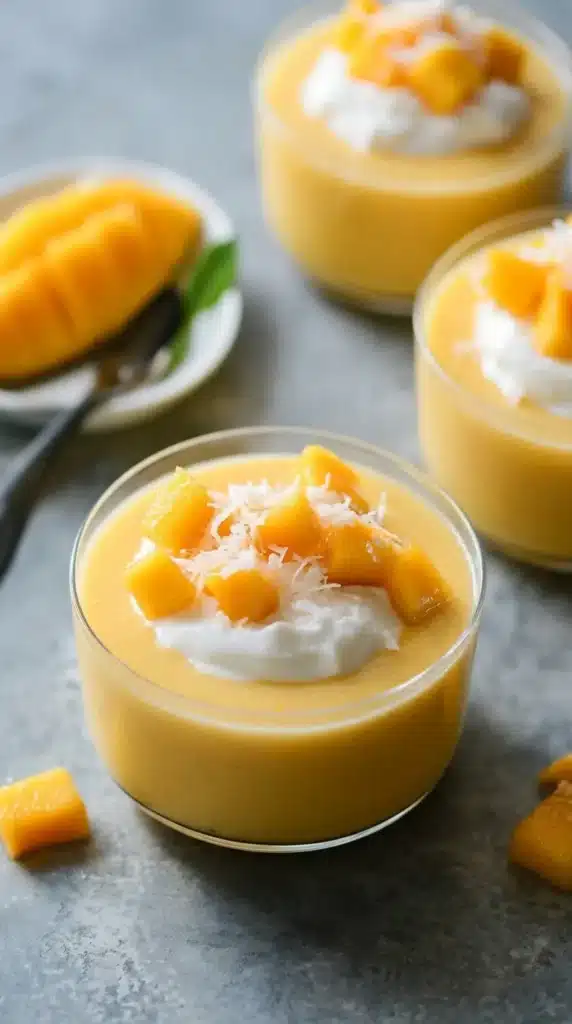 Coconut Mango Pudding topped with whipped coconut cream and fresh mango cubes