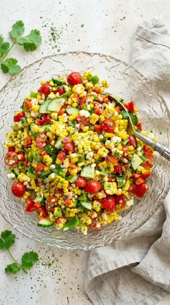 Corn salad with fresh vegetables in a glass bowl