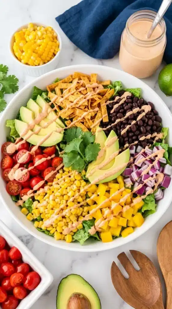 Colorful Southwest Salad with avocado and creamy chipotle ranch dressing