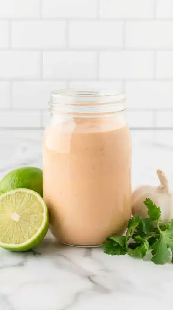 Creamy chipotle ranch dressing for Southwest Salad in a glass jar