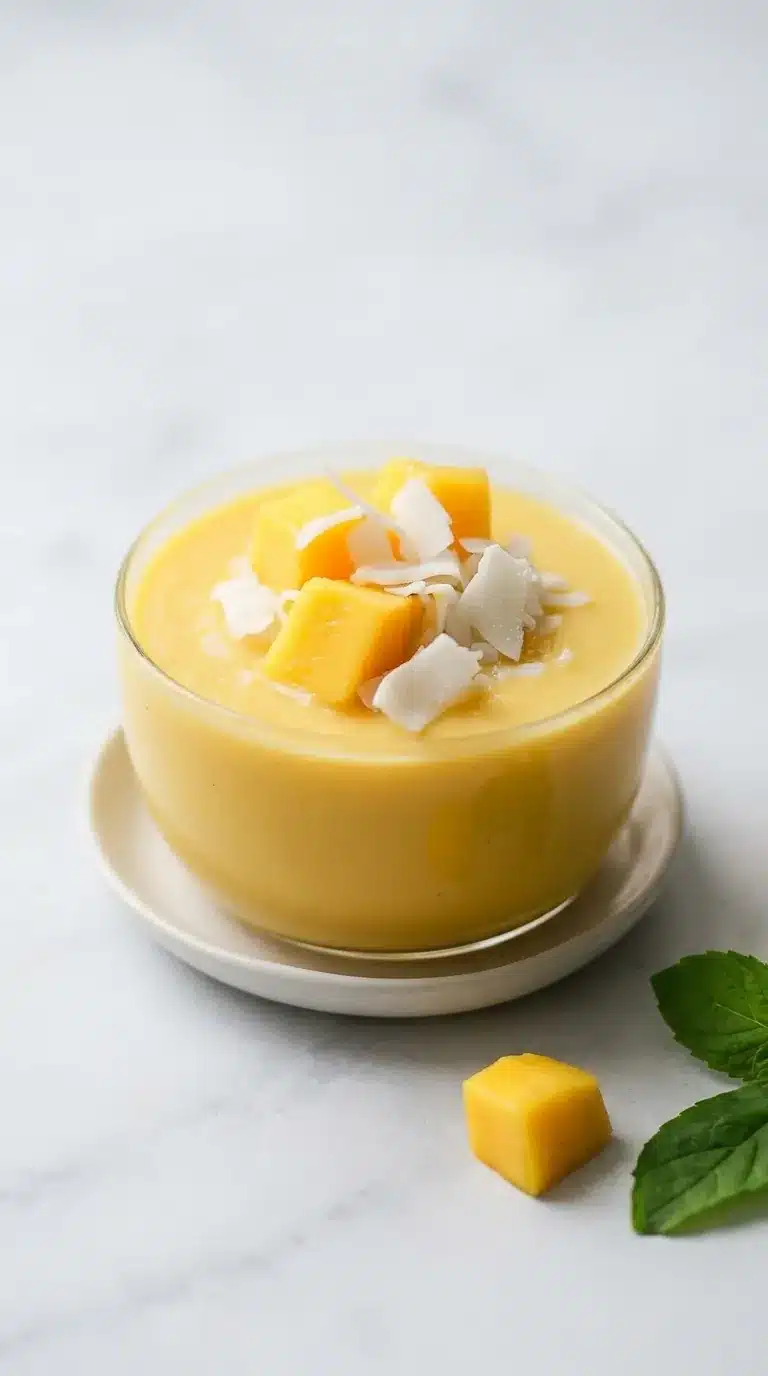 Creamy coconut mango pudding topped with fresh mango cubes and coconut flakes