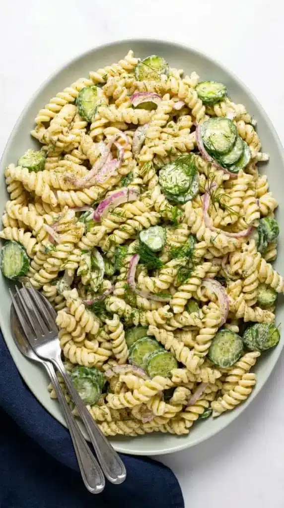 Creamy cucumber pasta salad with rotini, dill, cucumbers, and red onion on a serving platter