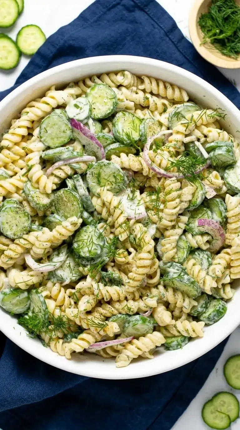 Creamy Cucumber Pasta Salad with rotini, cucumbers, dill, and red onion in a serving bowl