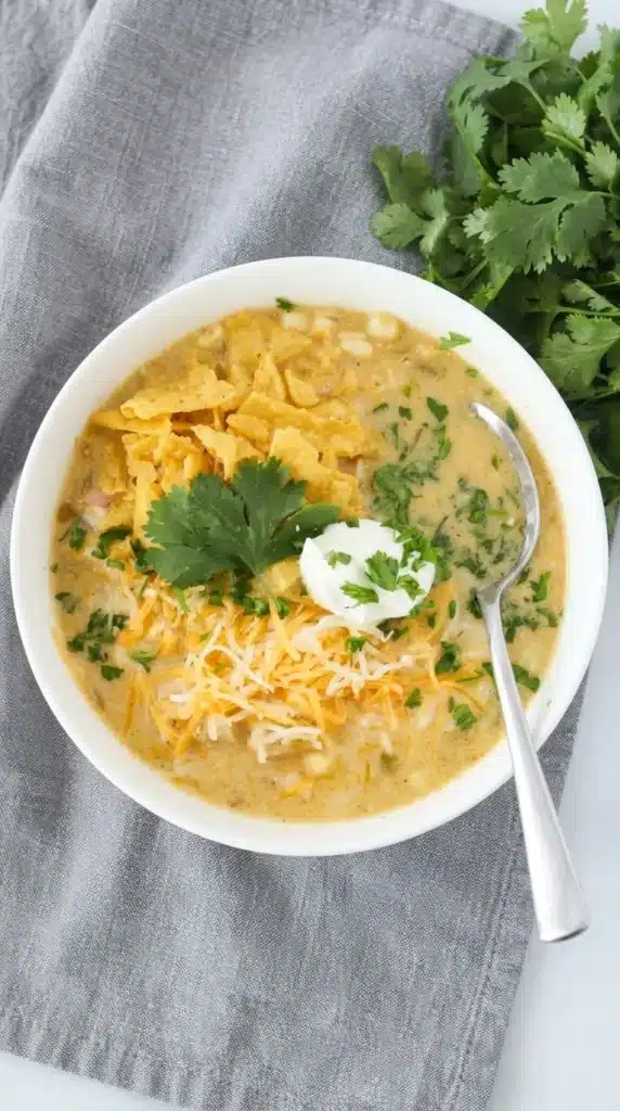 Creamy green chile chicken enchilada soup topped with cheese, tortilla strips, sour cream, and cilantro