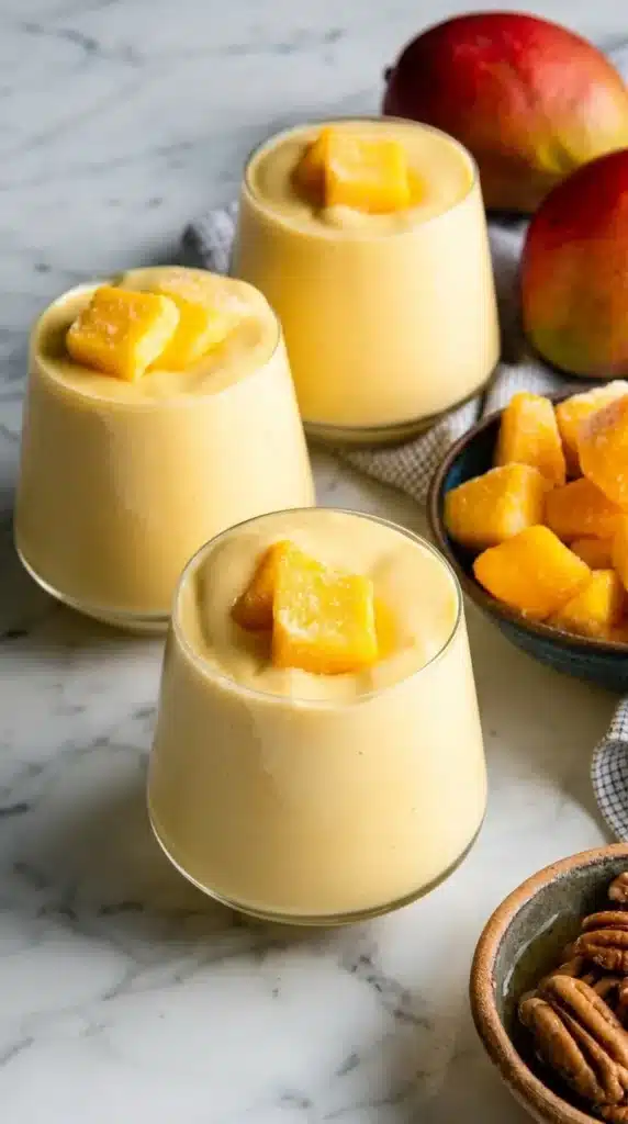 Creamy mango smoothie recipe served in cups with fresh mango topping