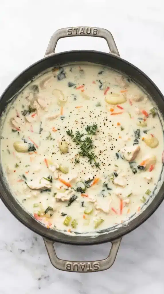 Olive Garden Chicken Gnocchi Soup in a creamy pot with chicken, spinach, and soft gnocchi