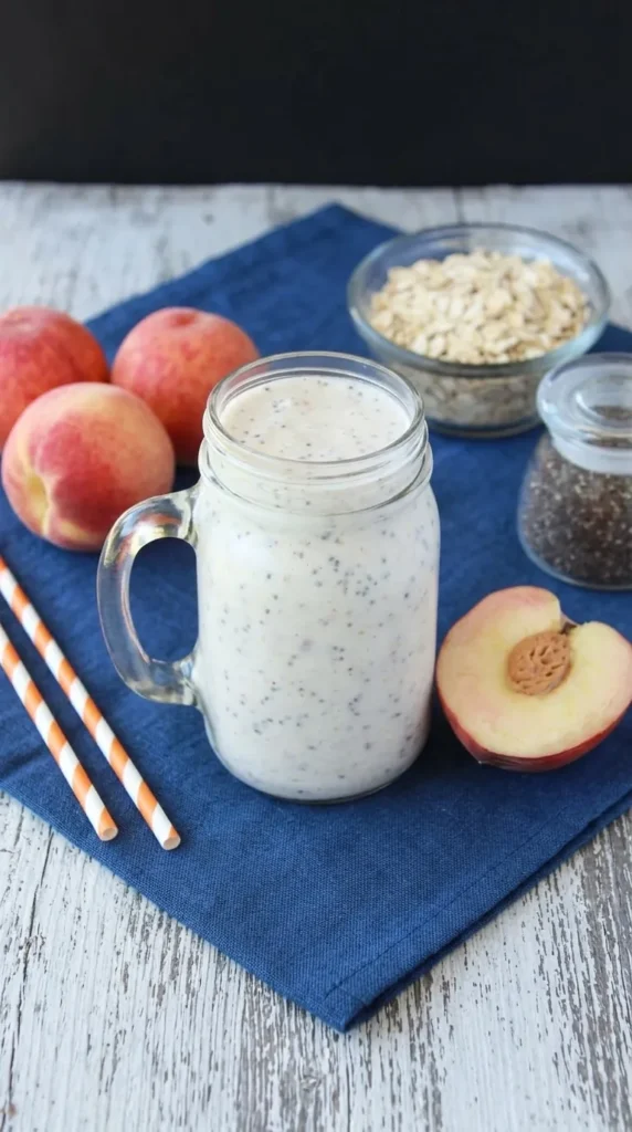 Peaches and Cream Protein Smoothie Recipe in a mason jar with fresh peaches