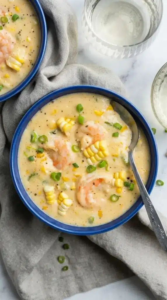 Creamy shrimp and corn soup with shrimp, sweet corn, and green onions in a rustic bowl