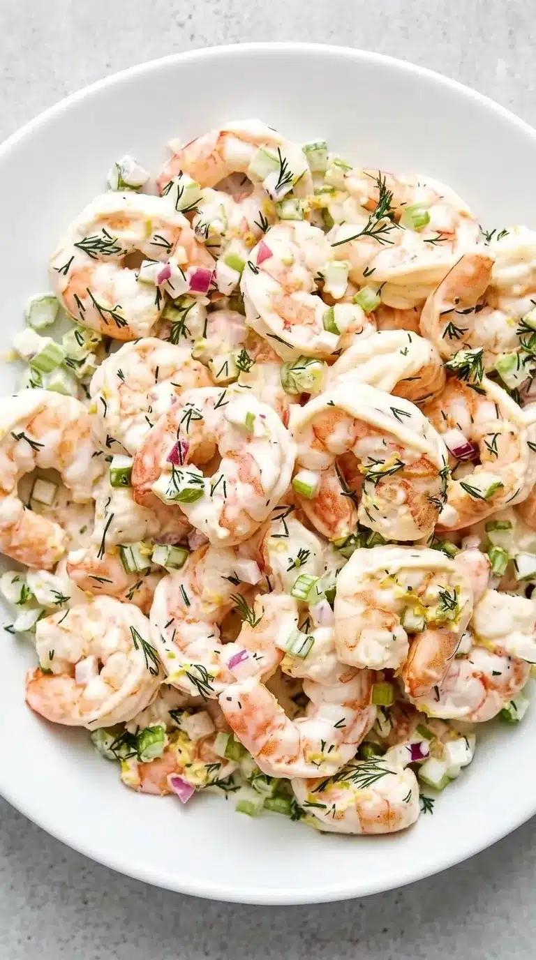 home 8 Creamy shrimp salad with lemon dill dressing, celery, and red onion in a ceramic bowl