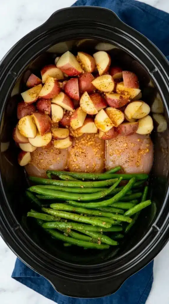 Crock Pot Chicken Potatoes and Green Beans arranged in a slow cooker