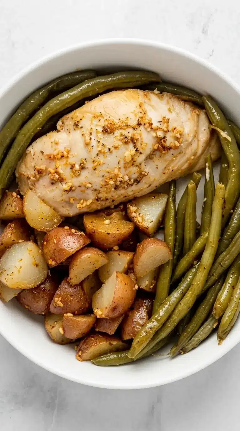 Crock Pot Chicken Potatoes and Green Beans in a rustic bowl