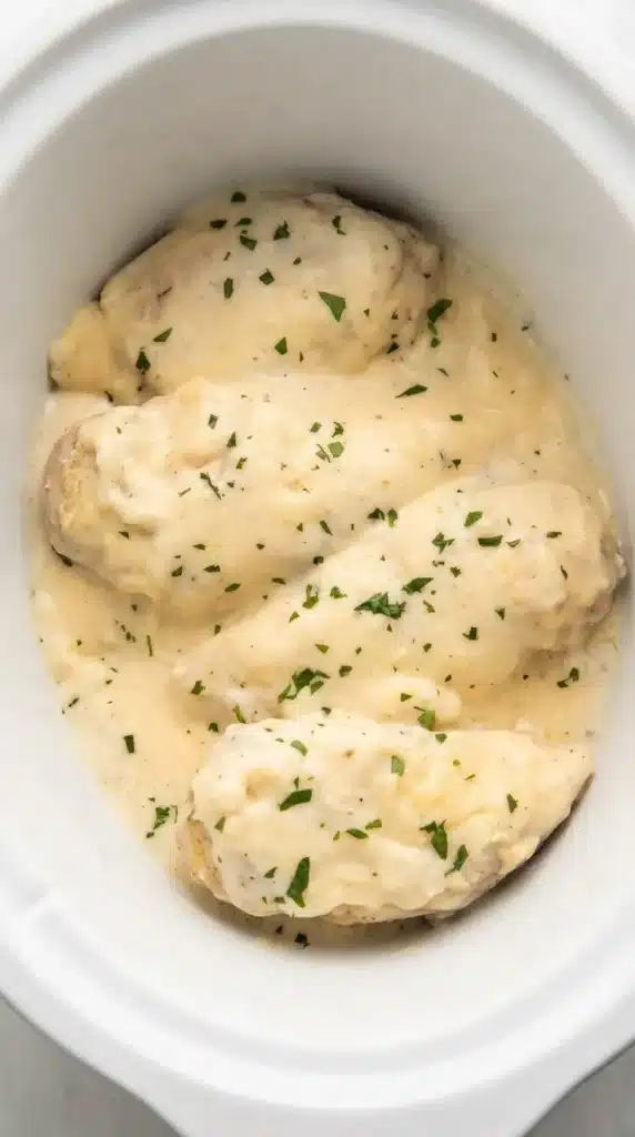Crockpot Boursin Chicken cooking in creamy garlic herb sauce