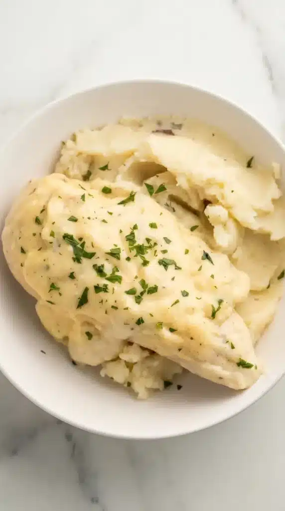 Creamy Crockpot Boursin Chicken with mashed potatoes and garlic herb sauce