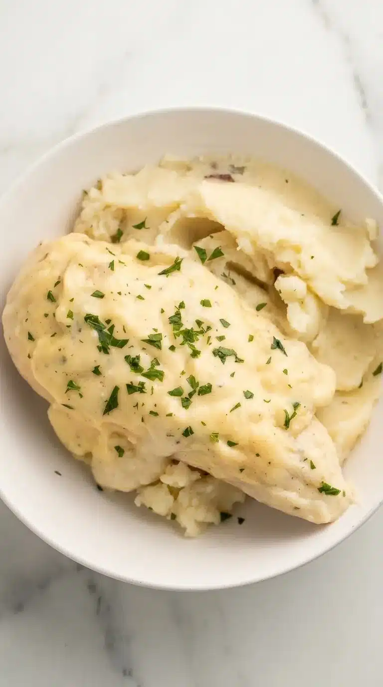 Creamy Crockpot Boursin Chicken with mashed potatoes and garlic herb sauce
