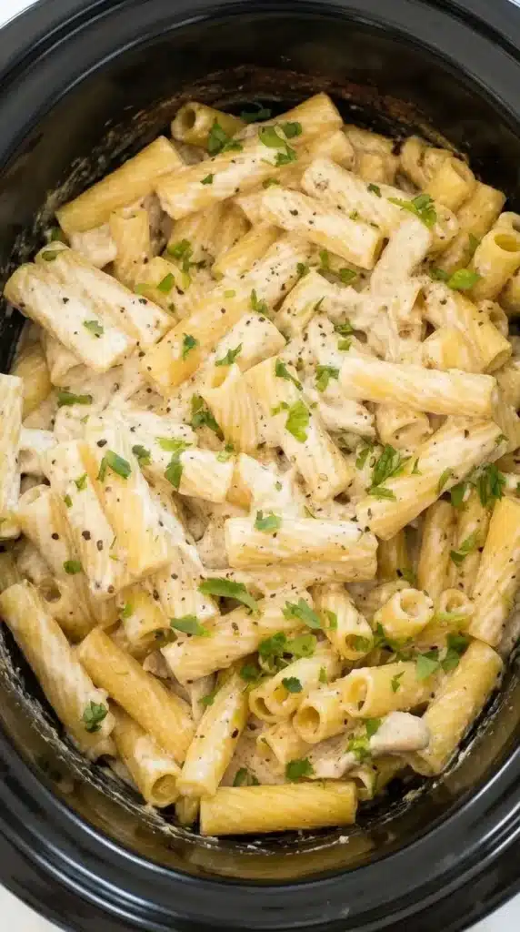 Creamy Crockpot Chicken Alfredo with rigatoni pasta and shredded chicken in parmesan sauce