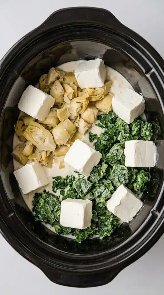 Crockpot Spinach Artichoke Dip Recipe ingredients layered in a slow cooker