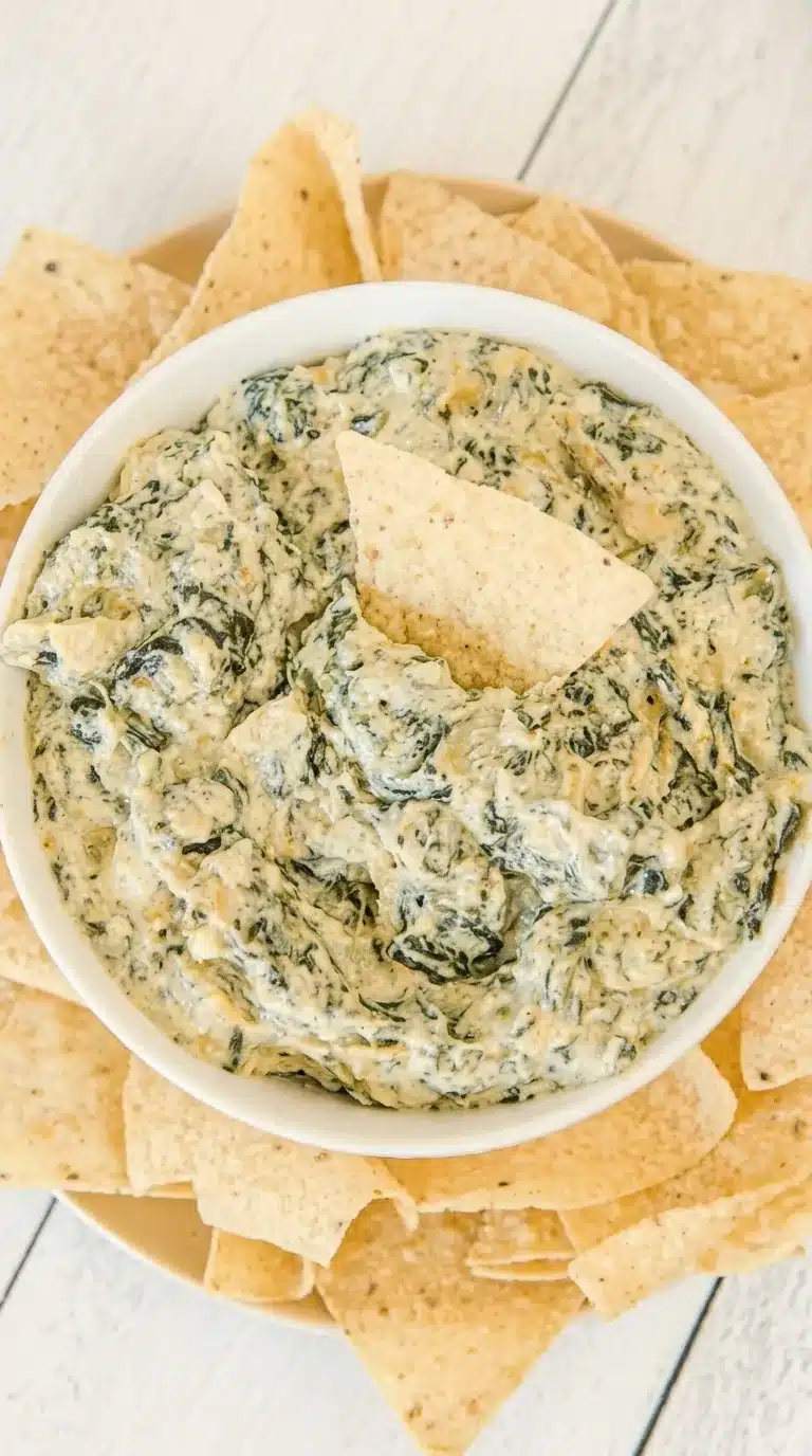 Creamy crockpot spinach artichoke dip served with crispy tortilla chips
