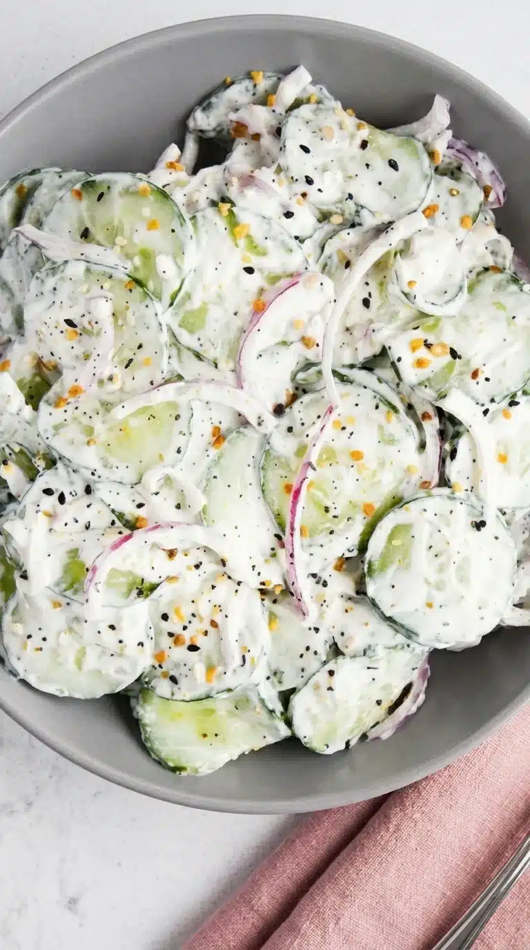 Creamy cucumber everything bagel salad with red onion and savory seasoning in a ceramic bowl