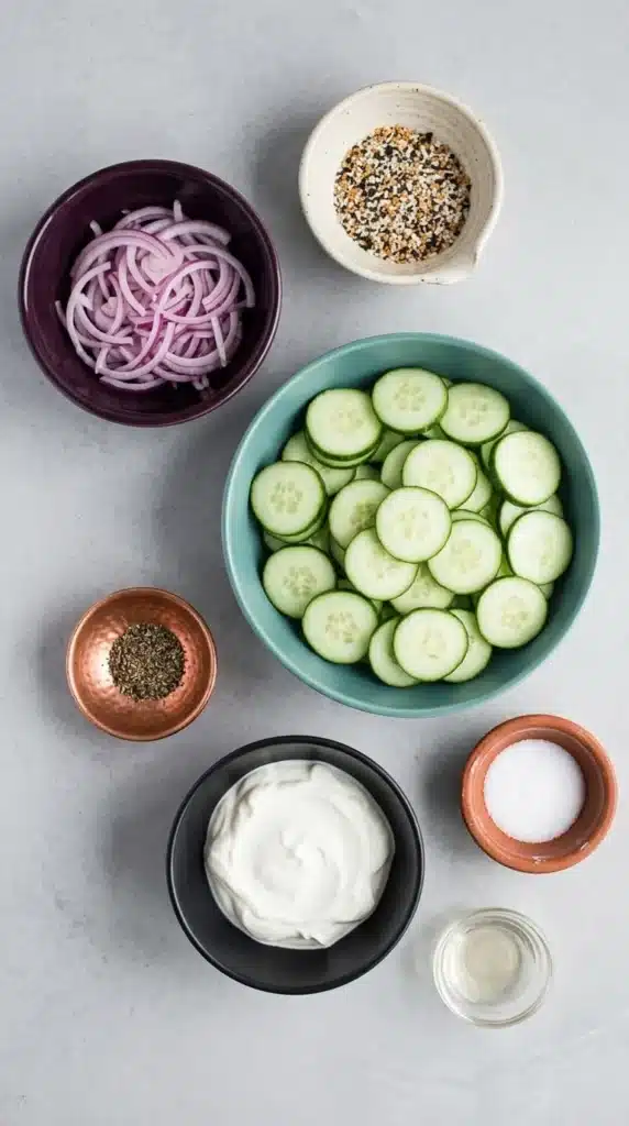 Cucumber Everything Bagel Salad Easy Amazing Lunch 11 Ingredients for Cucumber Everything Bagel Salad arranged on a rustic tabletop