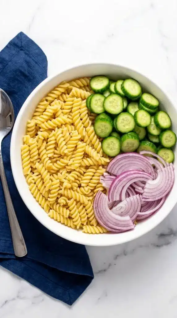 Cucumber Pasta Salad ingredients with rotini, cucumbers, and red onion in a bowl