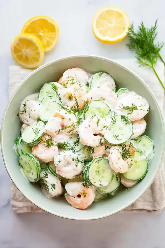 Cucumber shrimp salad with creamy lemon dill dressing and fresh cucumbers in a ceramic bowl