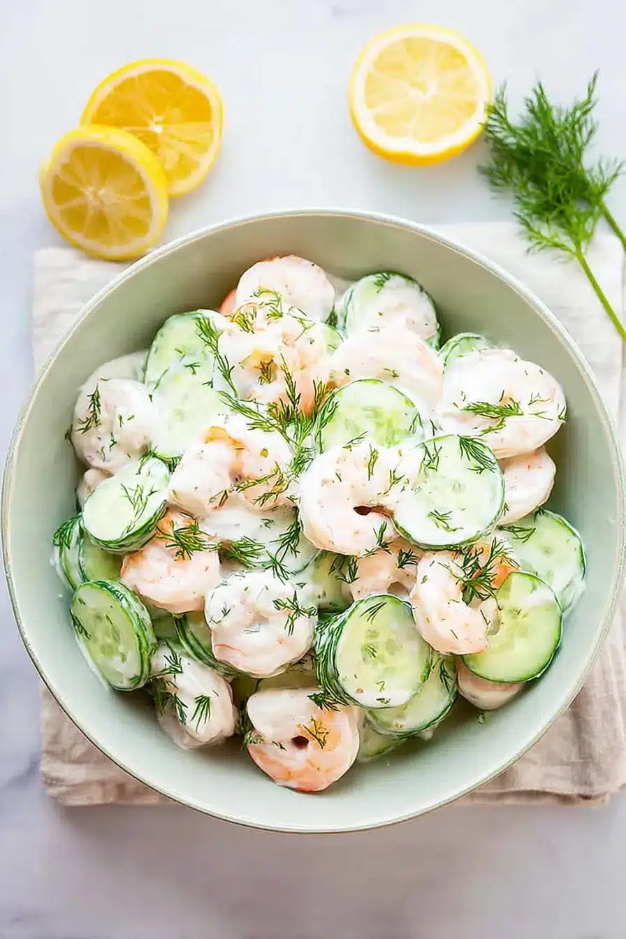 home 7 Cucumber shrimp salad with creamy lemon dill dressing and fresh cucumbers in a ceramic bowl