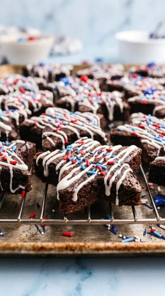 Star-Spangled Brownies decorated with sprinkles on cooling rack