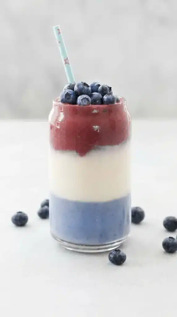 Dye free red white and blue smoothie with creamy layered patriotic colors