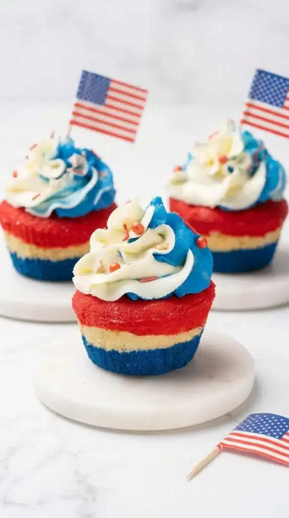 Easy 4th of July Cupcakes with colorful red white and blue layers