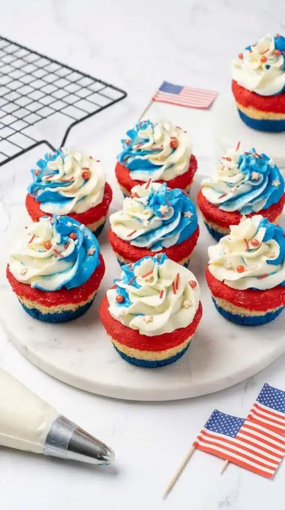 Easy 4th of July Cupcakes with red white and blue layers and buttercream frosting