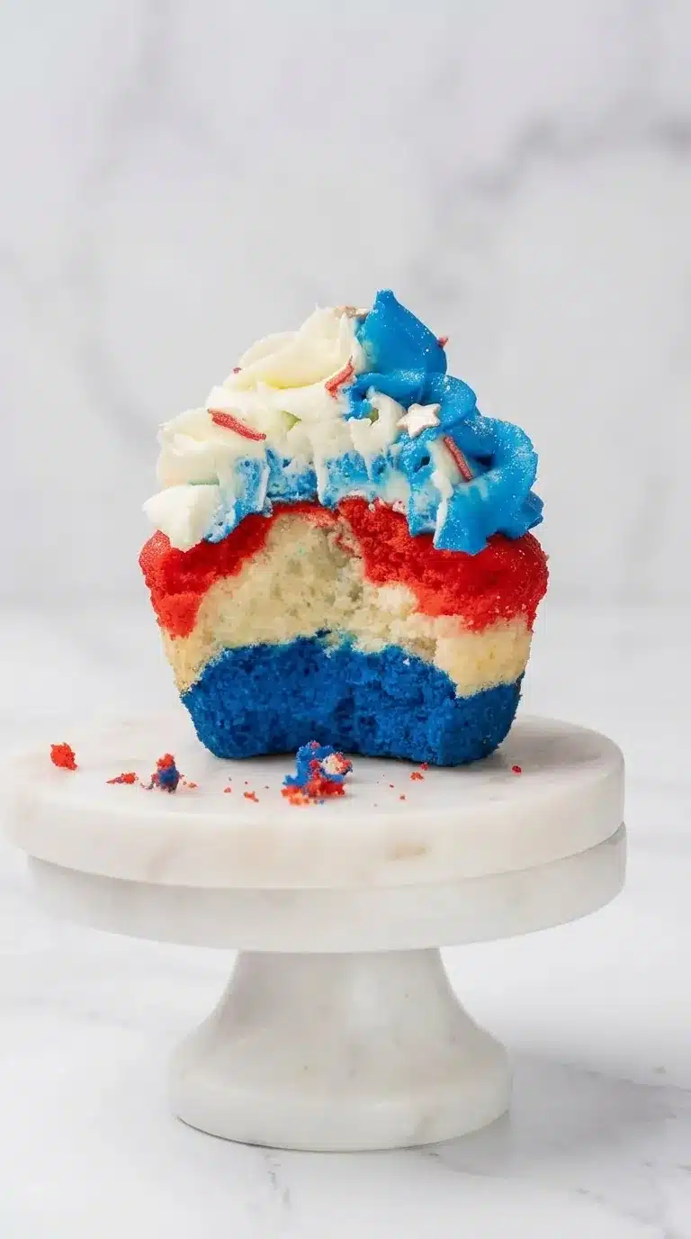 Easy 4th of July cupcakes with red white and blue layers and creamy frosting