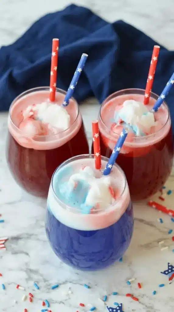Easy 4th Of July Punch Recipe with patriotic sorbet and fizzy red white and blue drinks