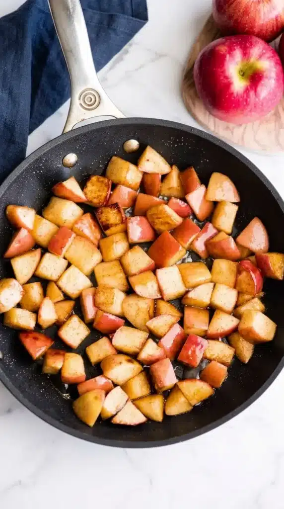 Easy Cinnamon Apples cooking in a skillet with warm caramelized cinnamon glaze