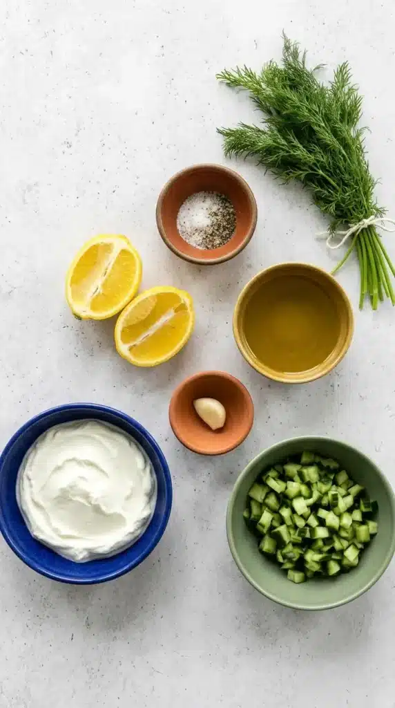Easy 10 Minute Healthy Tzatziki Sauce ingredients with Greek yogurt, cucumber, dill, and lemon
