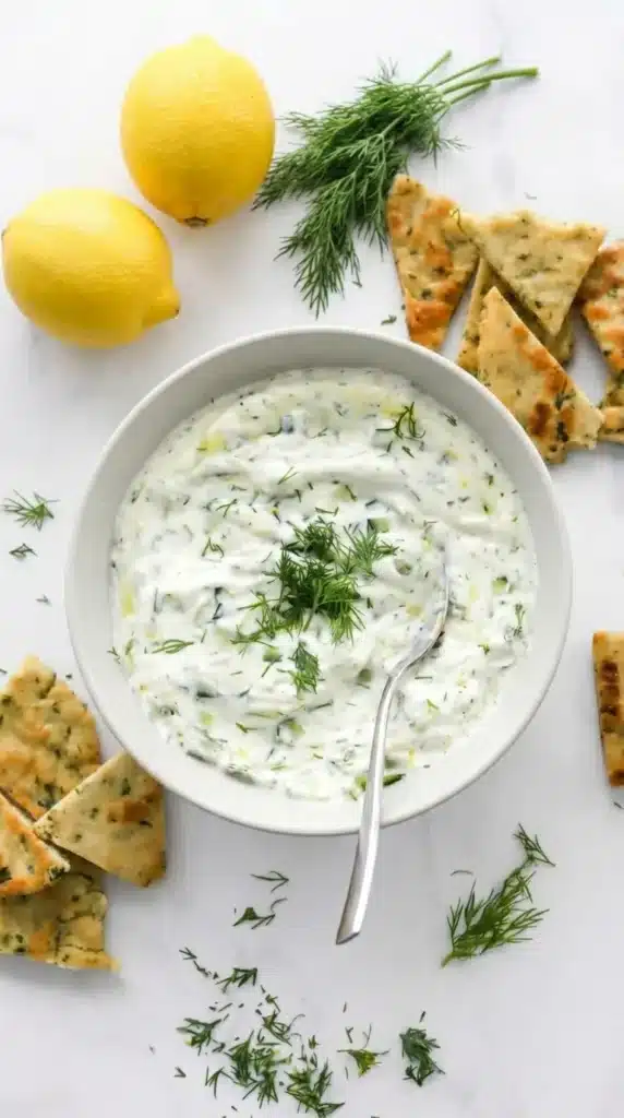 Easy healthy tzatziki sauce with Greek yogurt, cucumber, dill, and pita chips