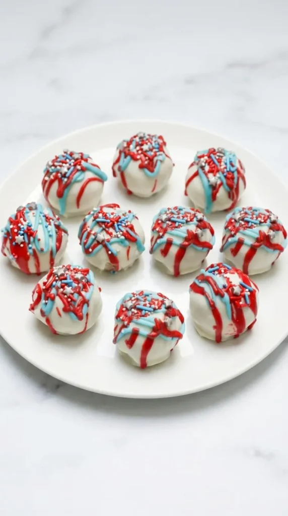 Easy red white and blue cake balls with festive drizzle and patriotic sprinkles