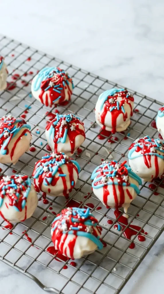 Easy Red, White And Blue Cake Balls Recipe That Wow 14 Easy Red, White And Blue Cake Balls with patriotic sprinkles and drizzle