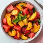 Easy Summer Peach Watermelon Salad with fresh peaches, watermelon, mint, and juicy summer fruit