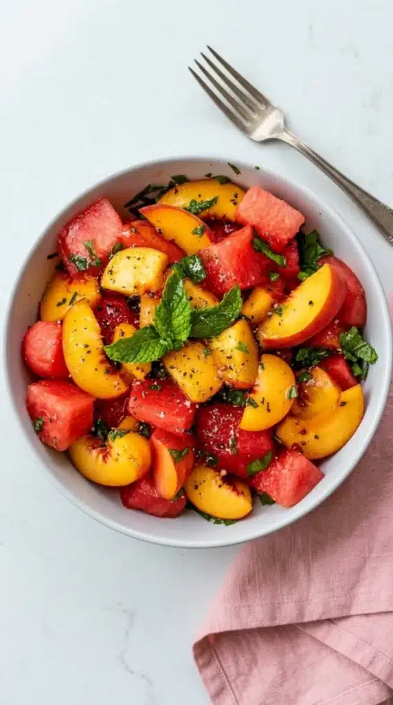 Easy Summer Peach Watermelon Salad with fresh peaches, watermelon, mint, and juicy summer fruit