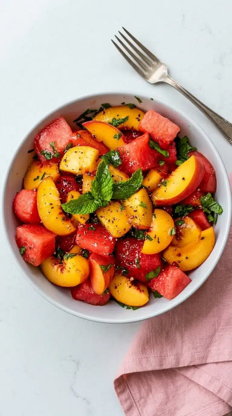 Easy Summer Peach Watermelon Salad with fresh peaches, watermelon, mint, and juicy summer fruit