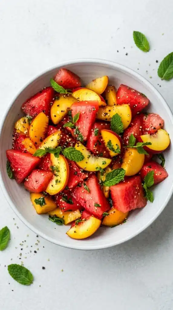 Easy Summer Peach Watermelon Salad with juicy watermelon, peaches, and fresh mint